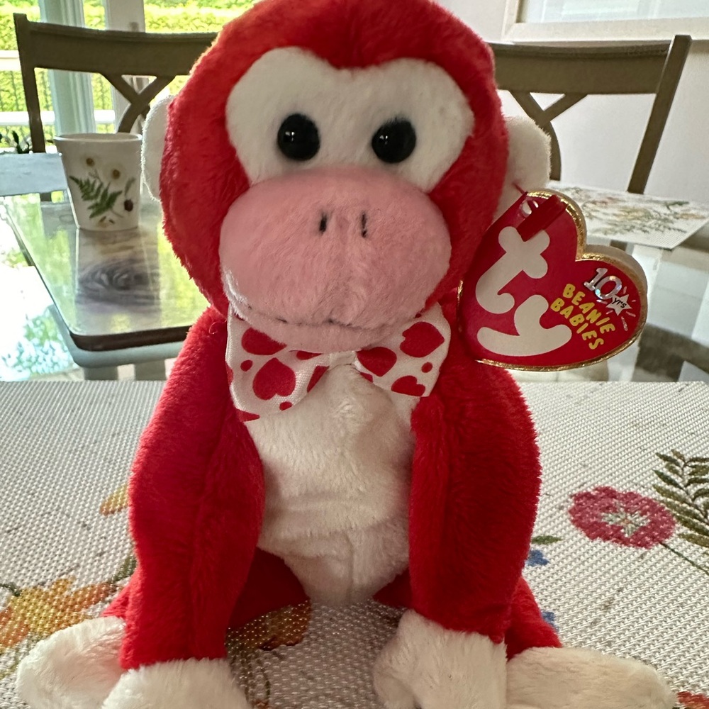 TY Beanie Babies 10 yrs Valentine the Monkey 2003 White Bow Tie Red Heart Print
